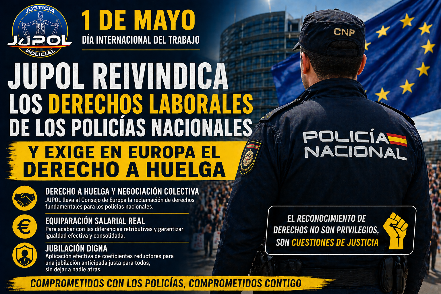 JUPOL exige el 1 de mayo derecho a huelga para la Policía Nacional y reclama avances reales en jubilación y salarios